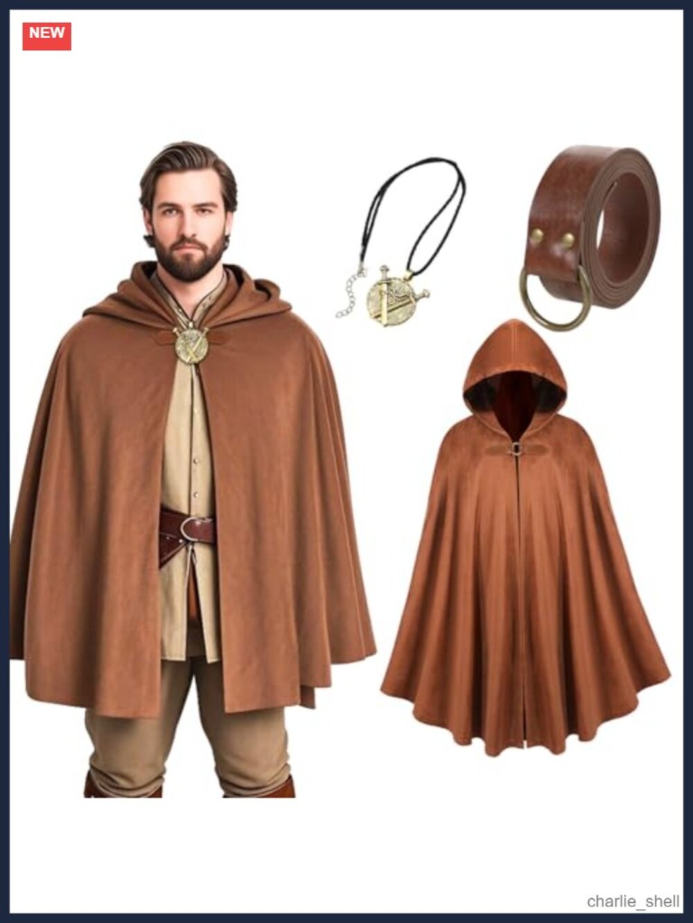 Velvet Medieval Hooded Cloak 3Pc Set with Belt Necklace Renaissance Cosplay Cape
